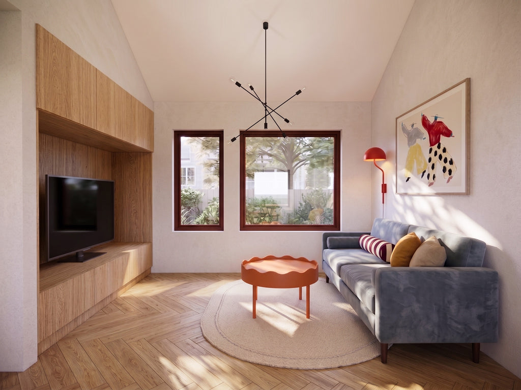 Living room interior of the wheelchair accessible house plan with wide circulation space and clear turning radius for a wheelchair