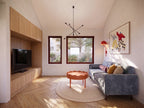 Living room interior of the wheelchair accessible house plan with wide circulation space and clear turning radius for a wheelchair