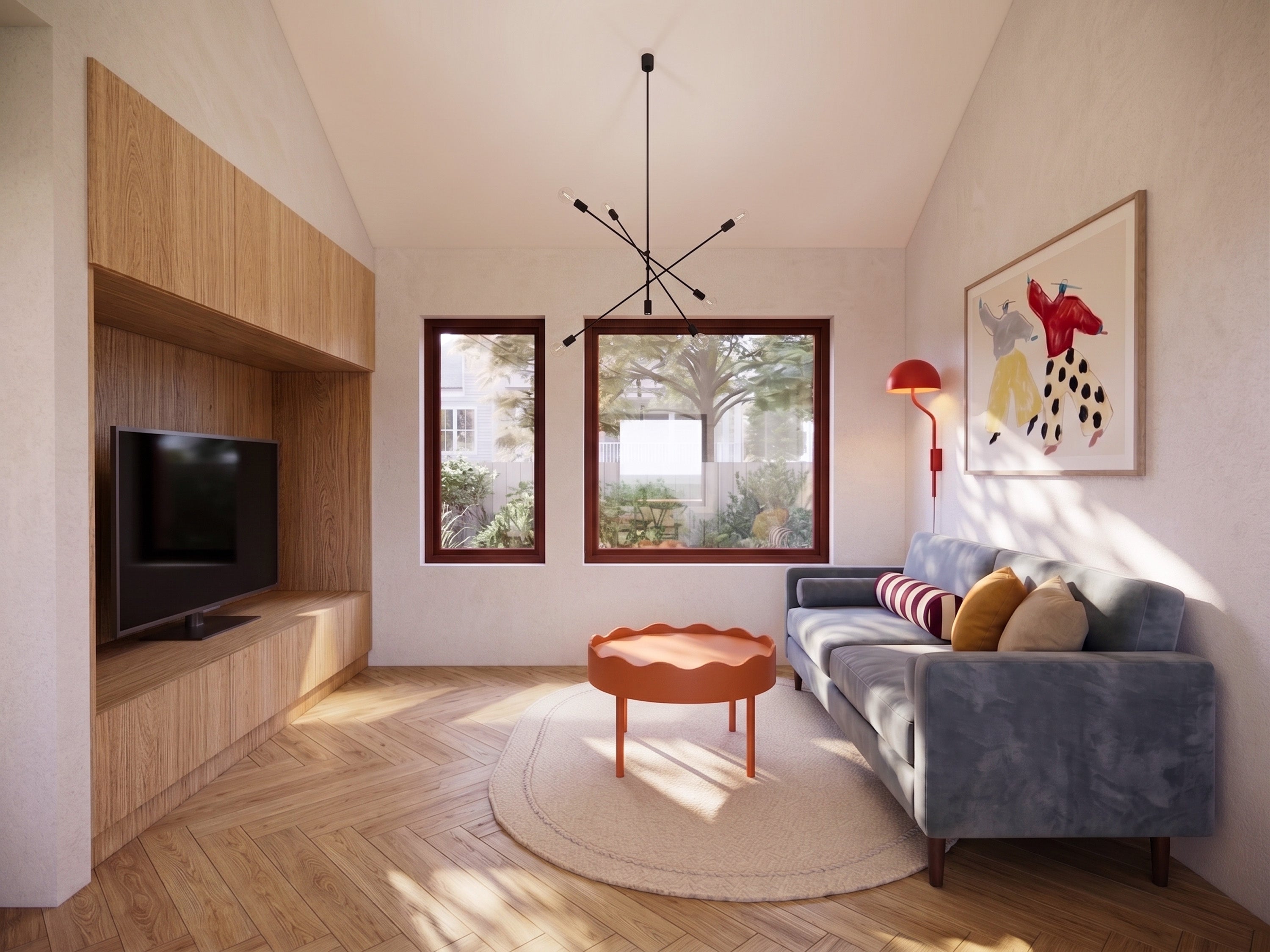 Living room interior of the wheelchair accessible house plan with wide circulation space and clear turning radius for a wheelchair