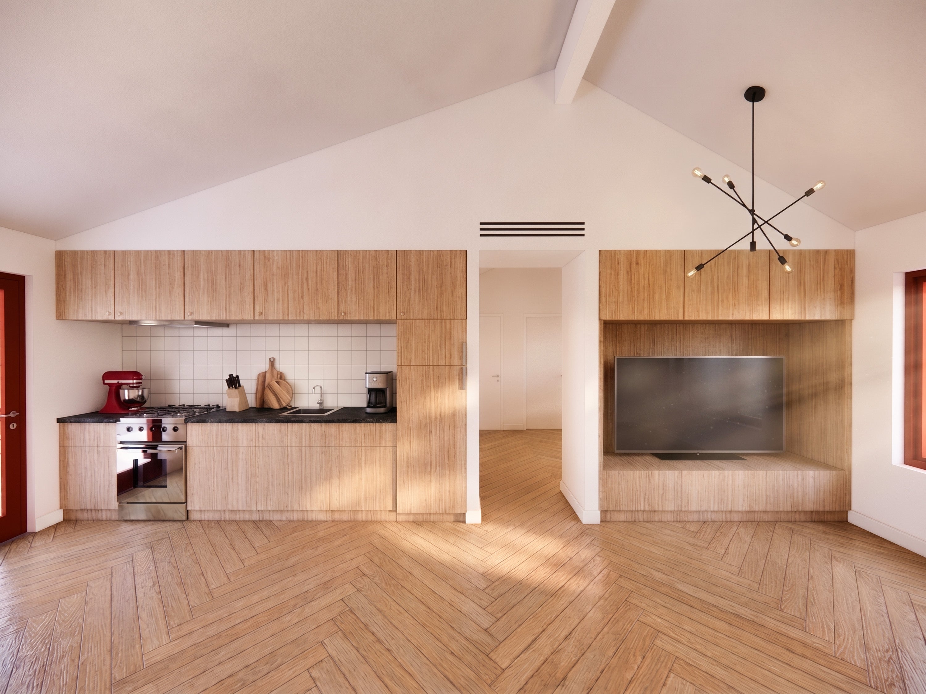 Open plan living and kitchen area of the ADA compliant ADU house plan, laid out for independent wheelchair access on one level