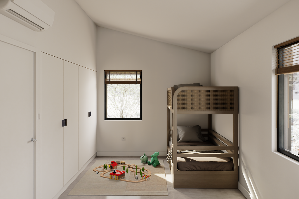 A kid bedroom interior view, with bunk bed, closet wall and 2 windows 