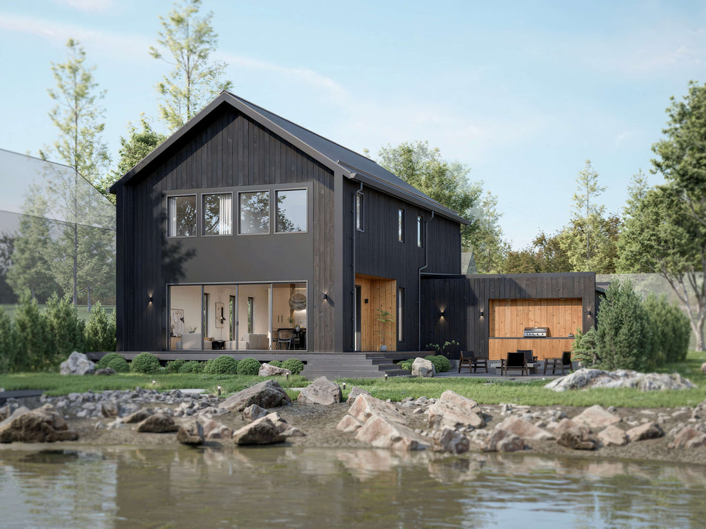 Modern black barndominium with wooden accents by the lake