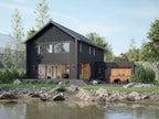 3 bedroom 2-story modern barn house plan — black barndominium exterior with wood accents and lake view