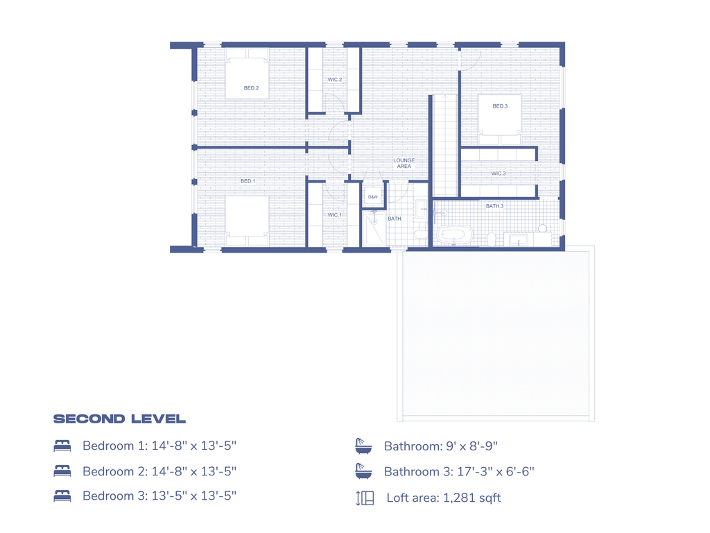 Loft floor plan of a barndominium-style house with labeled rooms and dimensions on a white background