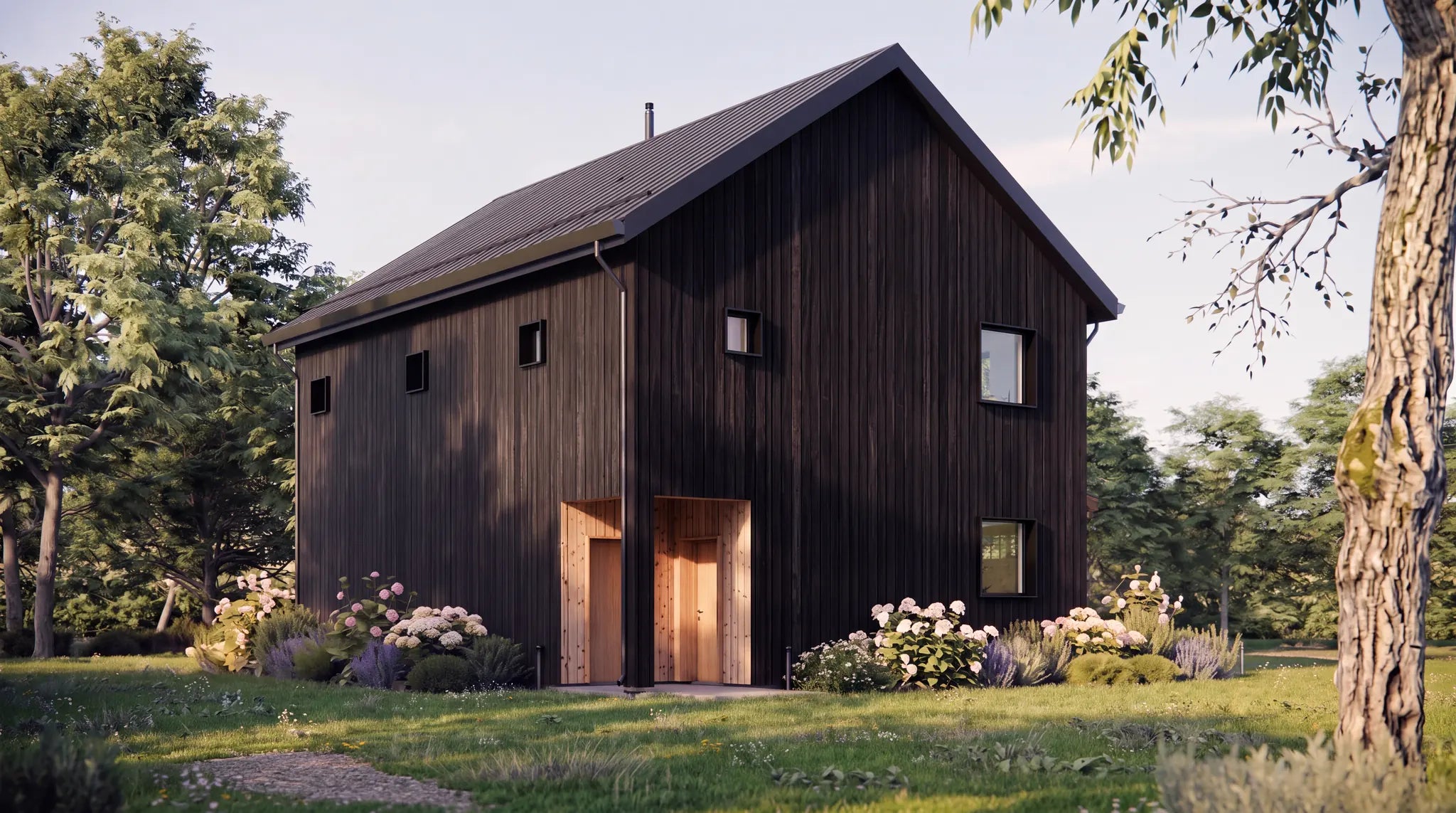 Garage with apartment plans rear elevation — two wood entry doors and black vertical wood siding