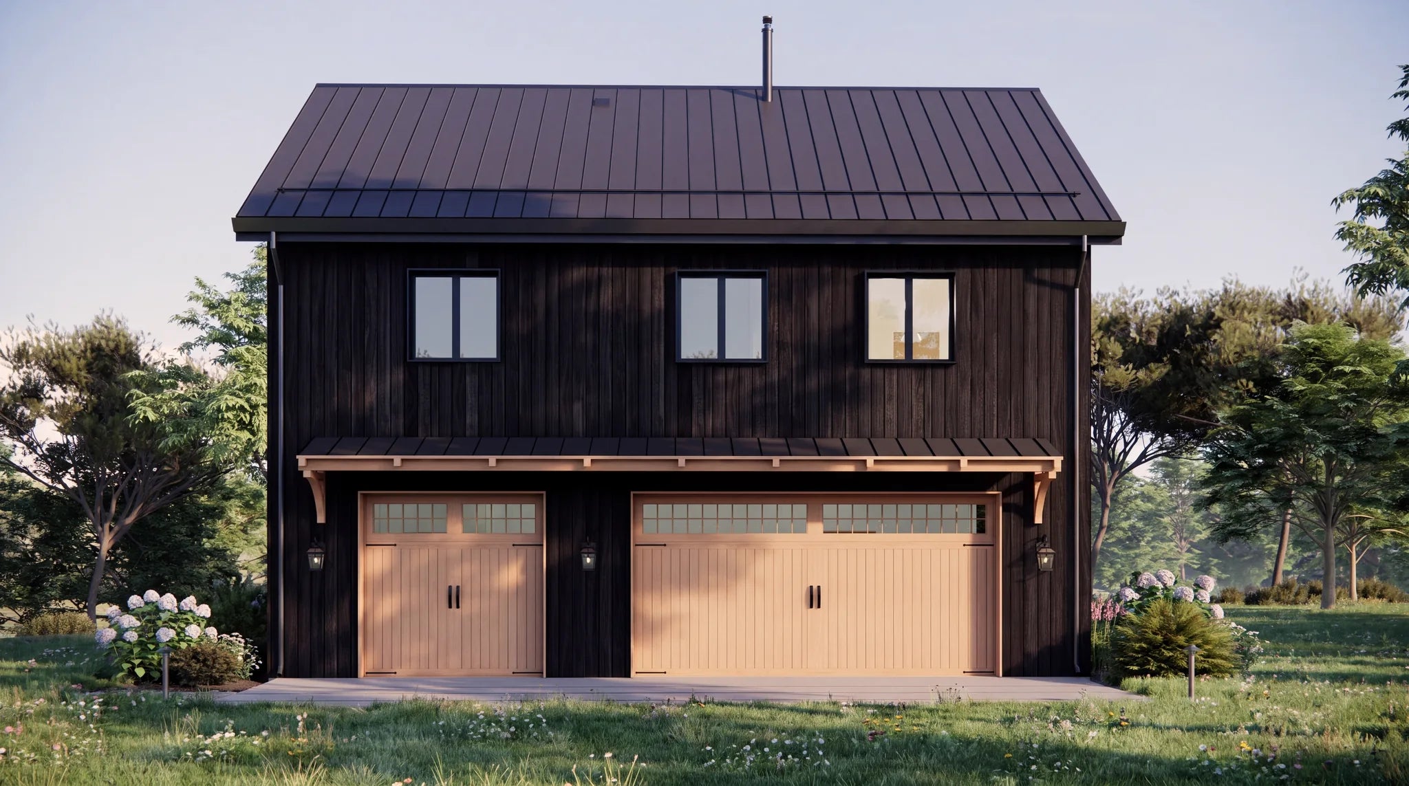 3 car garage with apartment — front elevation showing the 16-foot double bay and 8-foot single bay garage doors under a timber canopy