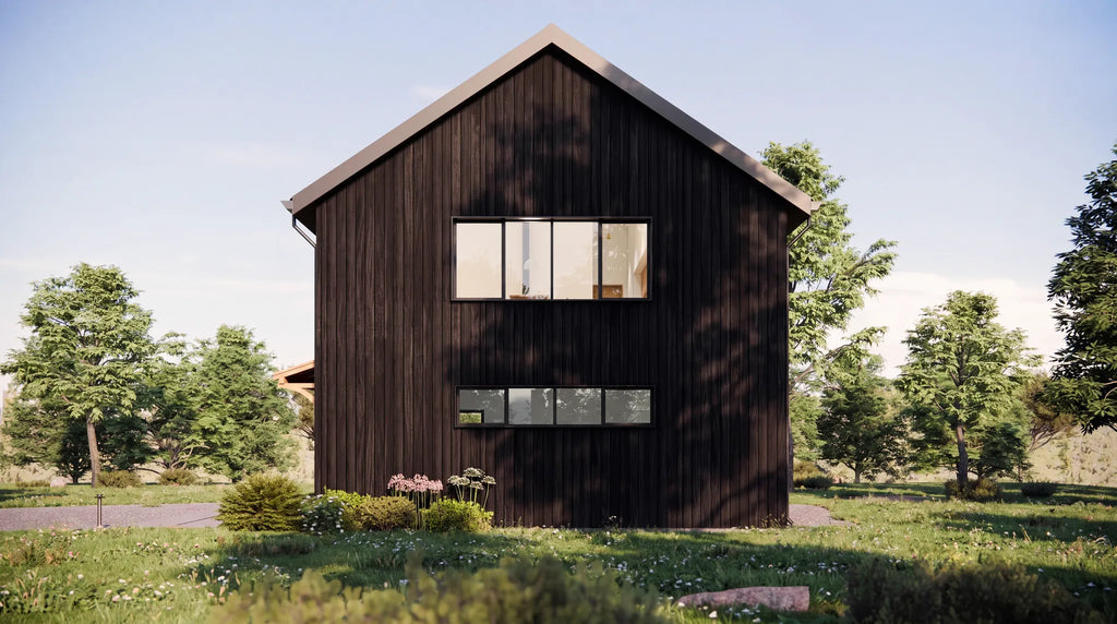 3 car garage with apartment on top — gable end elevation showing the upstairs living room window and black wood siding