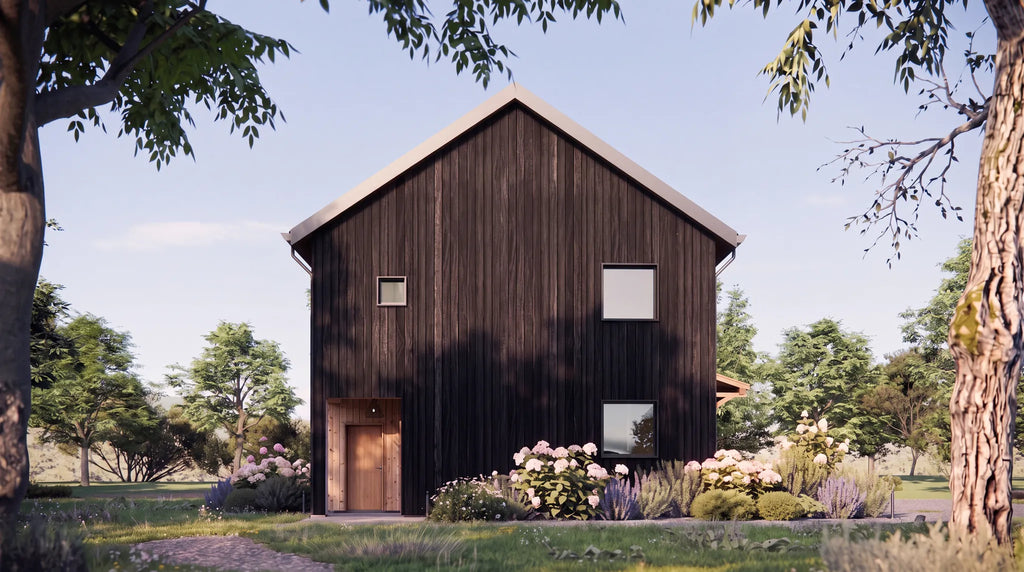 Garage apartment floor plans — private apartment entrance on the gable end, separate from the garage doors