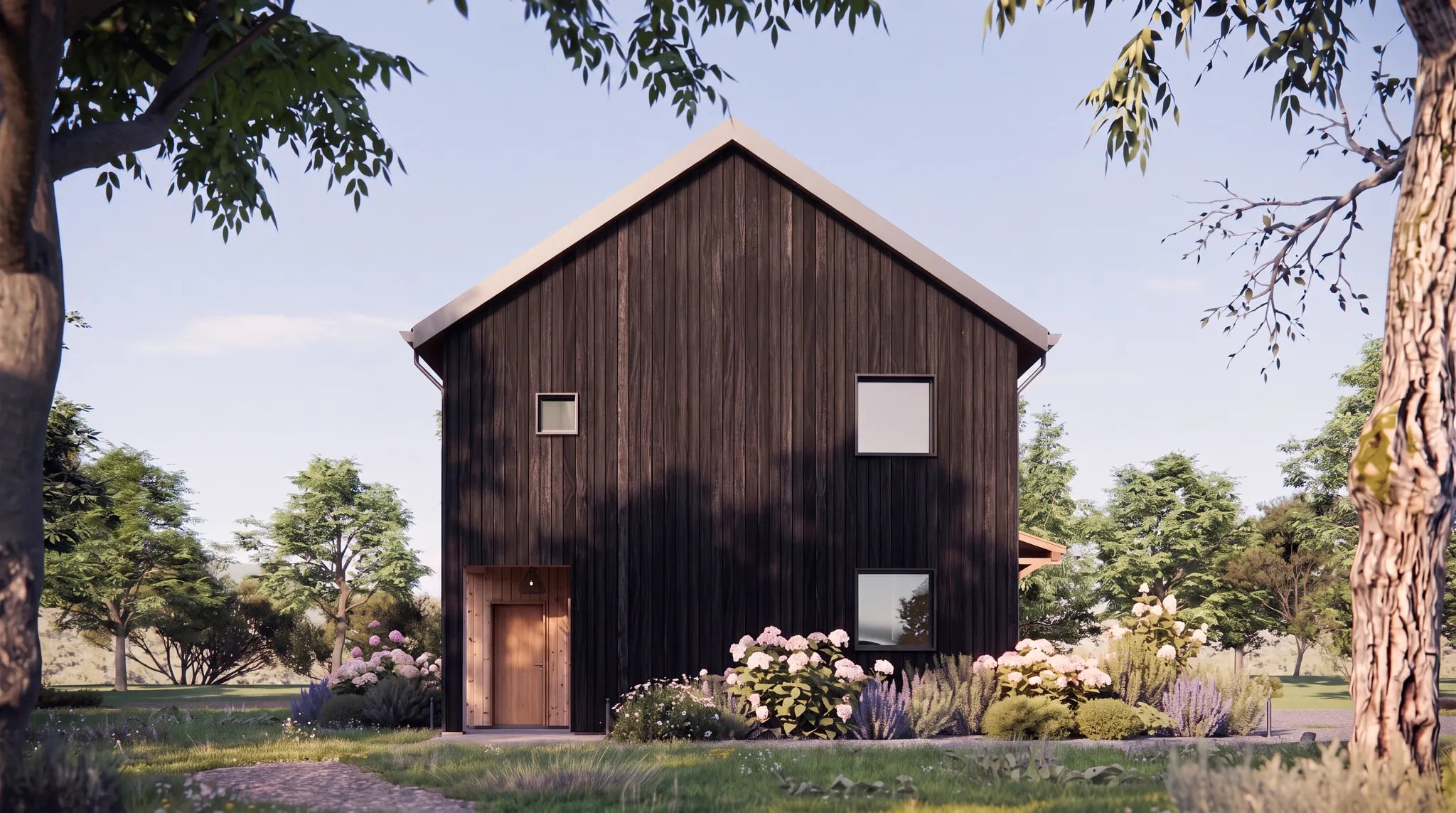 Garage apartment floor plans — private apartment entrance on the gable end, separate from the garage doors