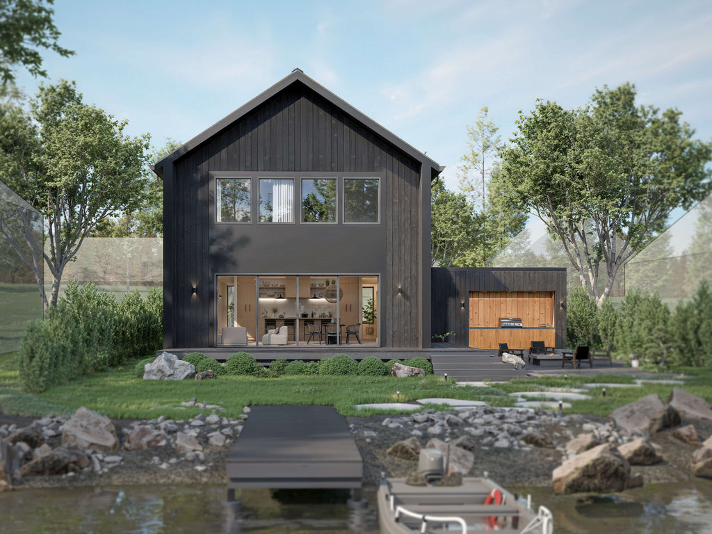 Barndominium house plan back elevation overlooking lake with outdoor kitchen and dock