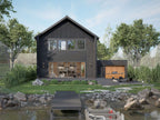 Barndominium house plan rear elevation — lake view with outdoor kitchen and dock