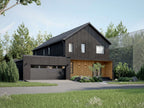Barndominium house plan front view — wide 2-car garage, covered wood entry and board-and-batten facade