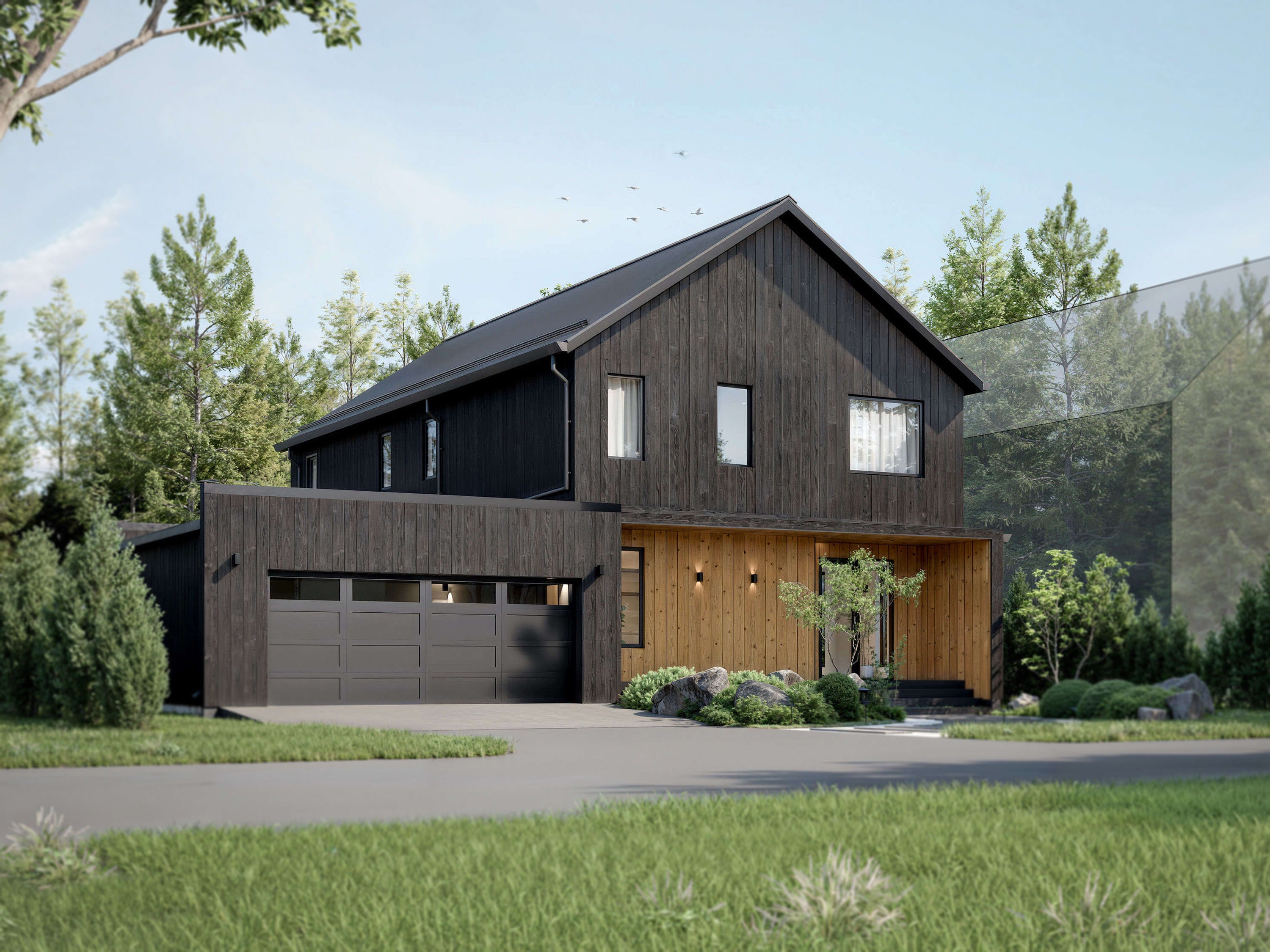 Barndominium floor plan front view showing wide 2-car garage, covered wood entry and dark board-and-batten facade