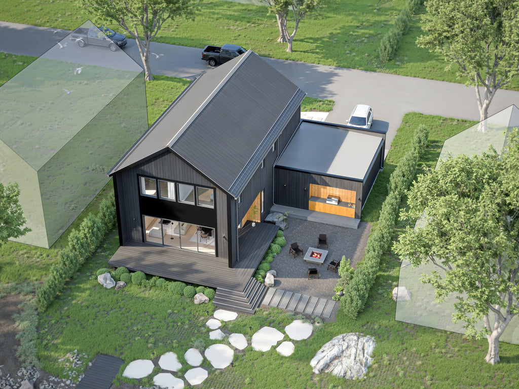 Aerial bird's eye view of modern barndominium house plan on suburban lot showing 2-car garage, backyard deck and outdoor kitchen