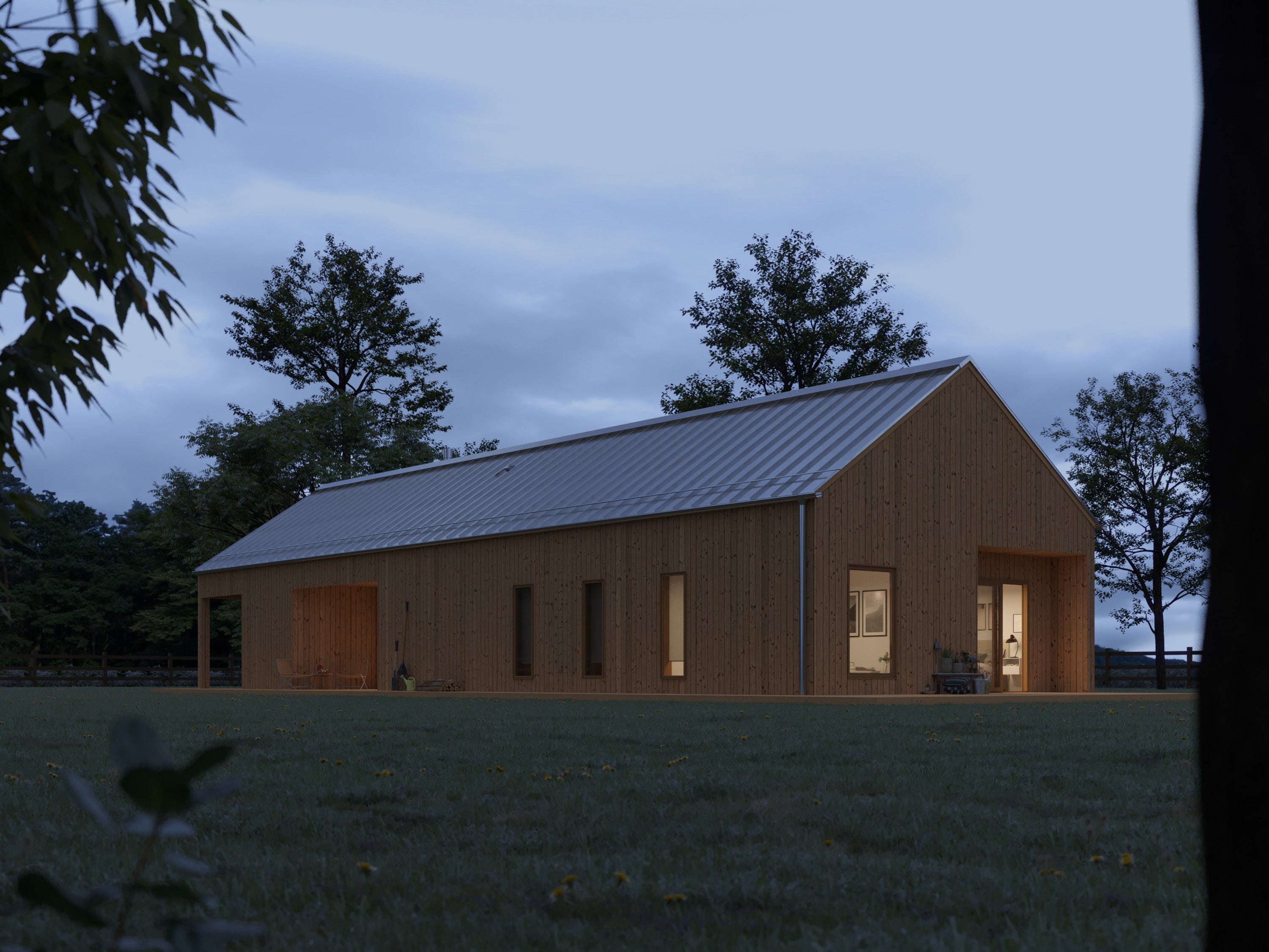 Contemporary barn house with vertical light wood siding and pitched metal roof at dusk, interior lights illuminating bedroom and living spaces