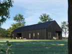 Single story ranch house plan exterior — contemporary black barn with covered porch in a meadow setting
