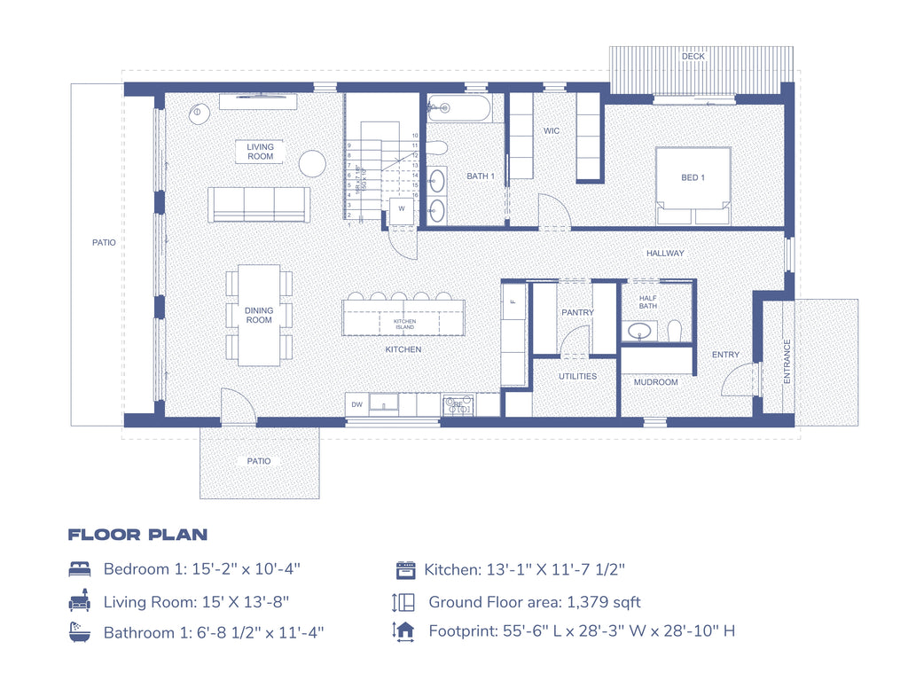 Design With Frank 4-bedroom barndominium ground floor plan, 1,379 sq ft open-concept layout with kitchen island, living, dining, patio, and mudroom