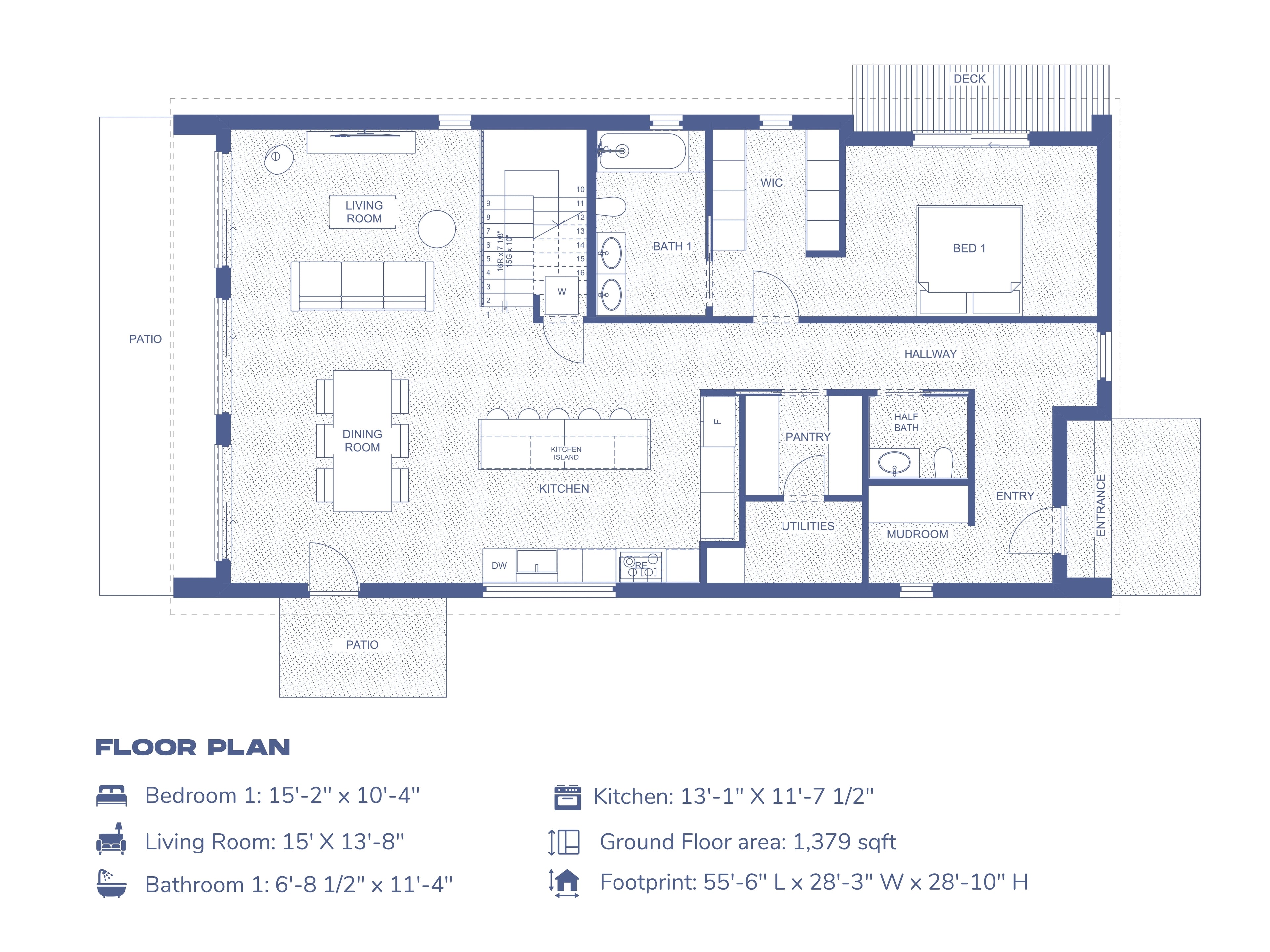 Design With Frank 4-bedroom barndominium ground floor plan, 1,379 sq ft open-concept layout with kitchen island, living, dining, patio, and mudroom