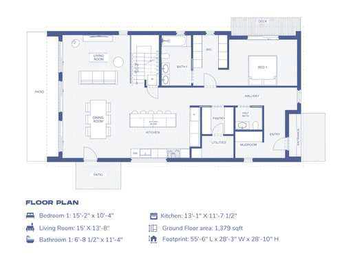 Design With Frank 4-bedroom barndominium ground floor plan, 1,379 sq ft open-concept layout with kitchen island, living, dining, patio, and mudroom