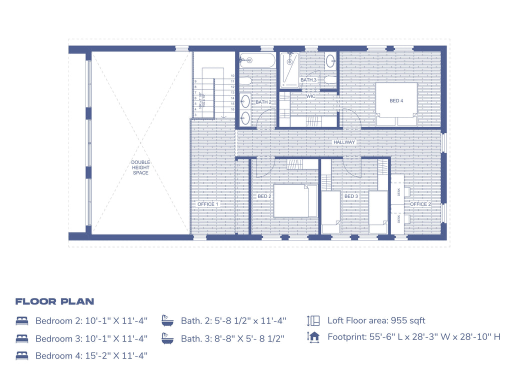 Design With Frank barndominium loft floor plan, 955 sq ft with 3 bedrooms, 2 bathrooms, 2 offices, and double-height space