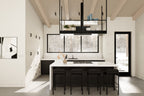 Midcentury house plan kitchen with black cabinetry, white quartz island with bar seating, exposed wood beams and large picture window overlooking winter landscape