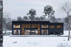Midcentury house plan rear elevation showing floor-to-ceiling black-frame windows and wood accent entry in snowy landscape