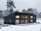Midcentury modern floor plan rear angle view with black exterior, large glazed rear facade, concrete patio and fire pit seating