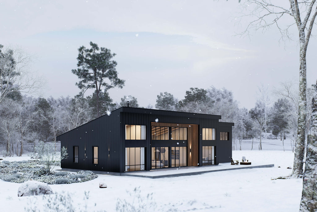 Midcentury modern floor plan rear angle view with black exterior, large glazed rear facade, concrete patio and fire pit seating