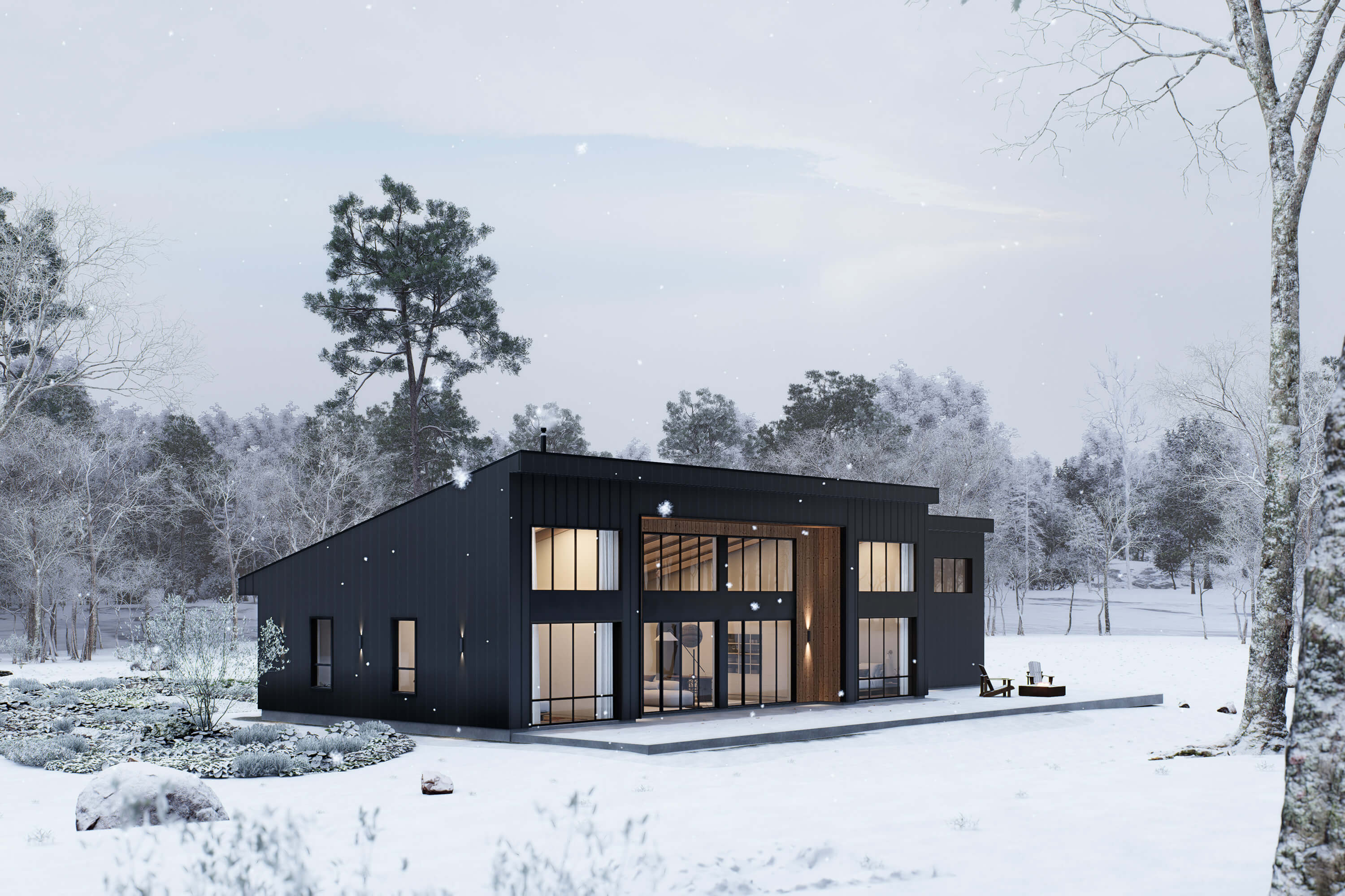 Midcentury modern floor plan rear angle view with black exterior, large glazed rear facade, concrete patio and fire pit seating