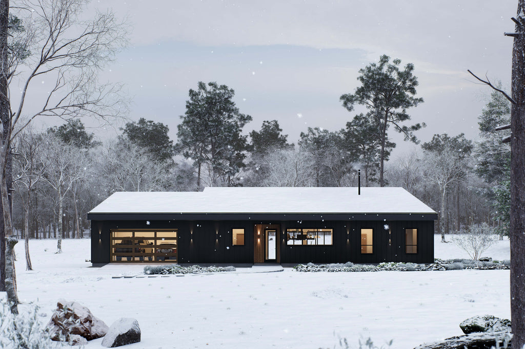 Midcentury modern house plan front elevation with black vertical siding, wood entry and 2-car garage in winter setting