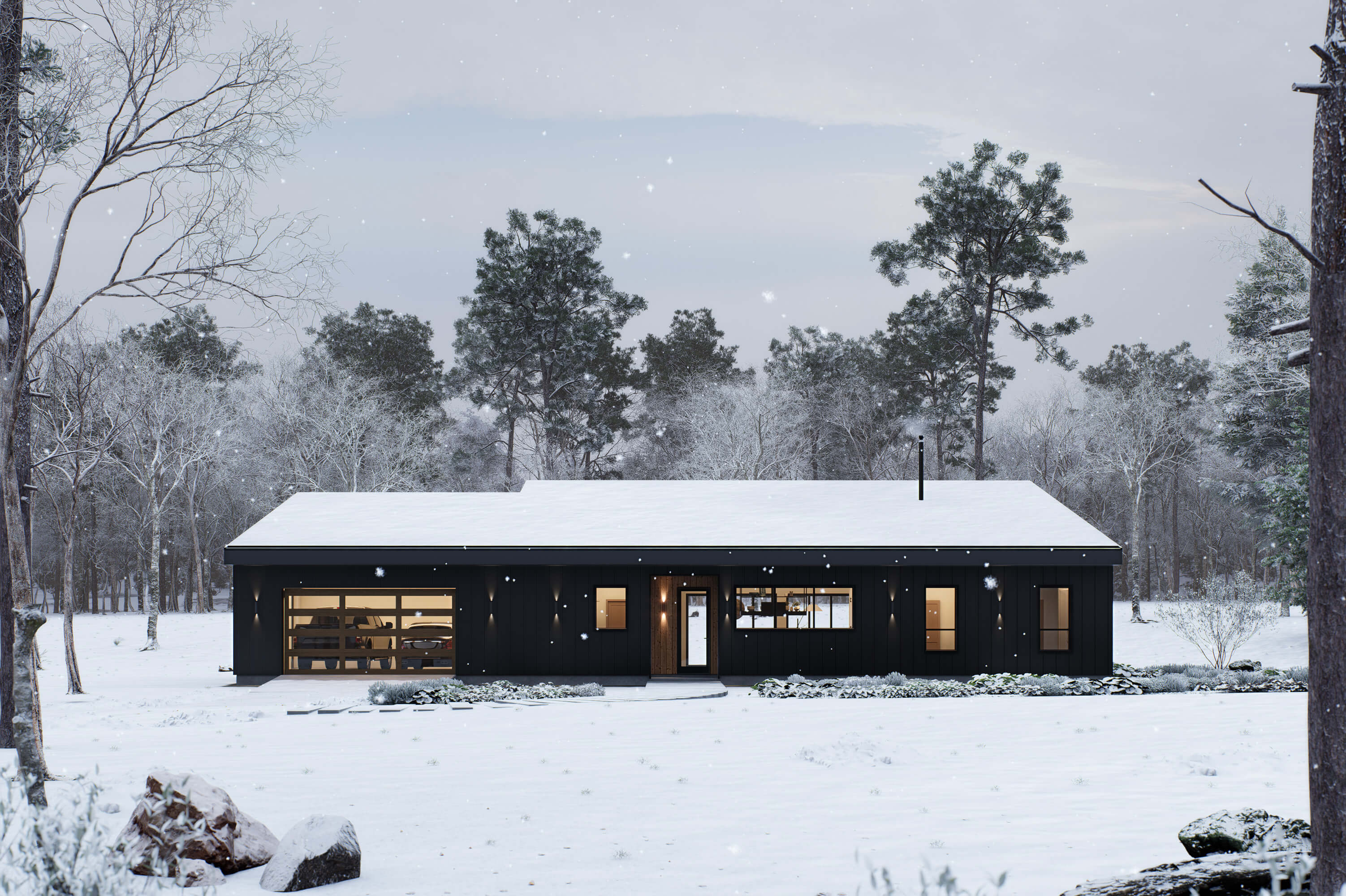 Midcentury modern house plan front elevation with black vertical siding, wood entry and 2-car garage in winter setting