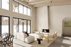 Midcentury modern house plan interior living room with double-height windows, exposed wood beam ceiling, fireplace and winter forest views