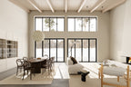 Midcentury modern open concept dining and living room with exposed wood beam ceiling, globe pendant light, fireplace and panoramic winter views