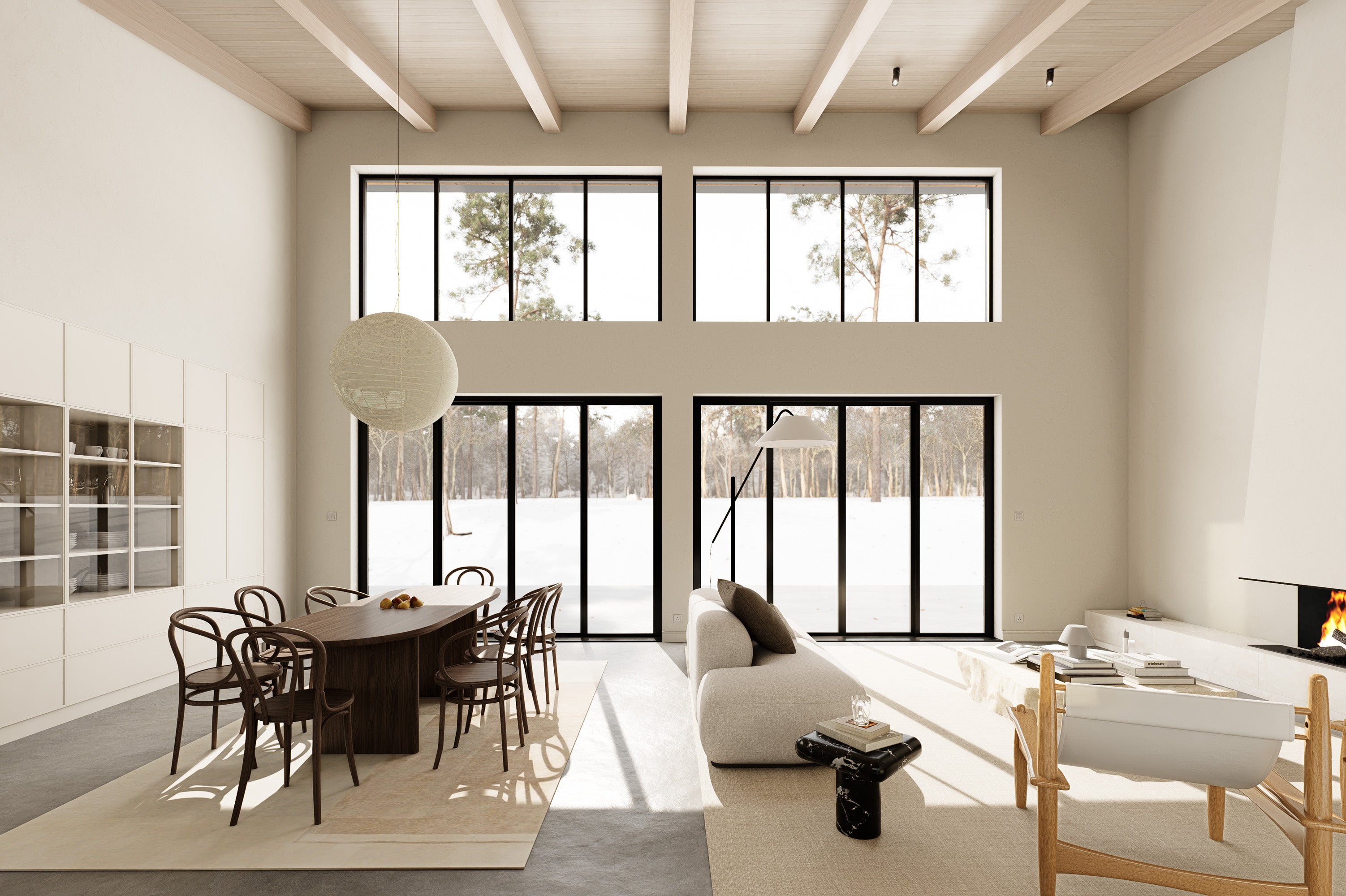 Midcentury modern open concept dining and living room with exposed wood beam ceiling, globe pendant light, fireplace and panoramic winter views