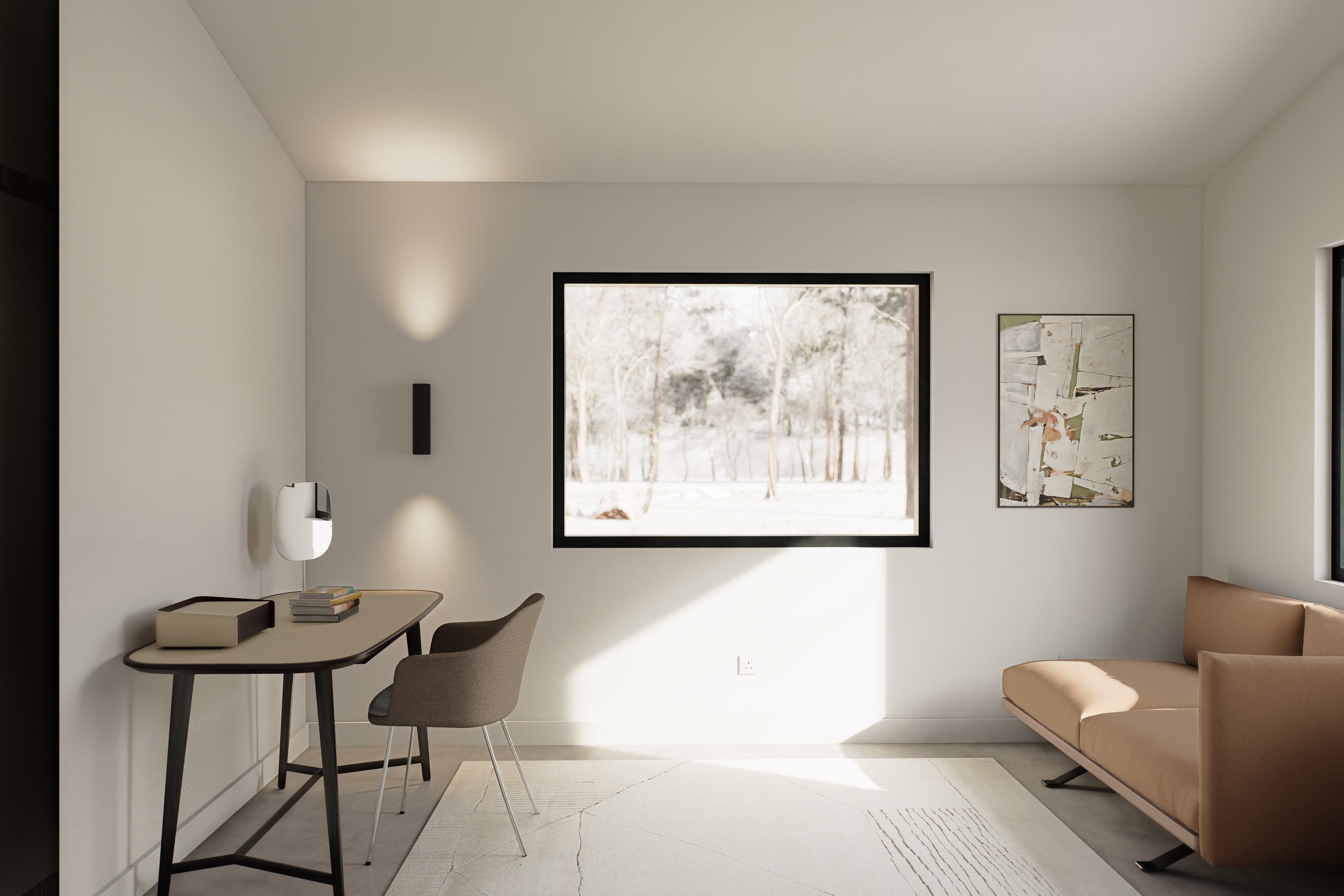 Minimalist home office and sitting room with black-trim picture window, winter forest view, desk, and leather sofa – Design with Frank
