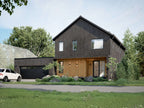 3 bedroom modern barn house plan street elevation — 2-car garage and wood covered entry on a suburban lot