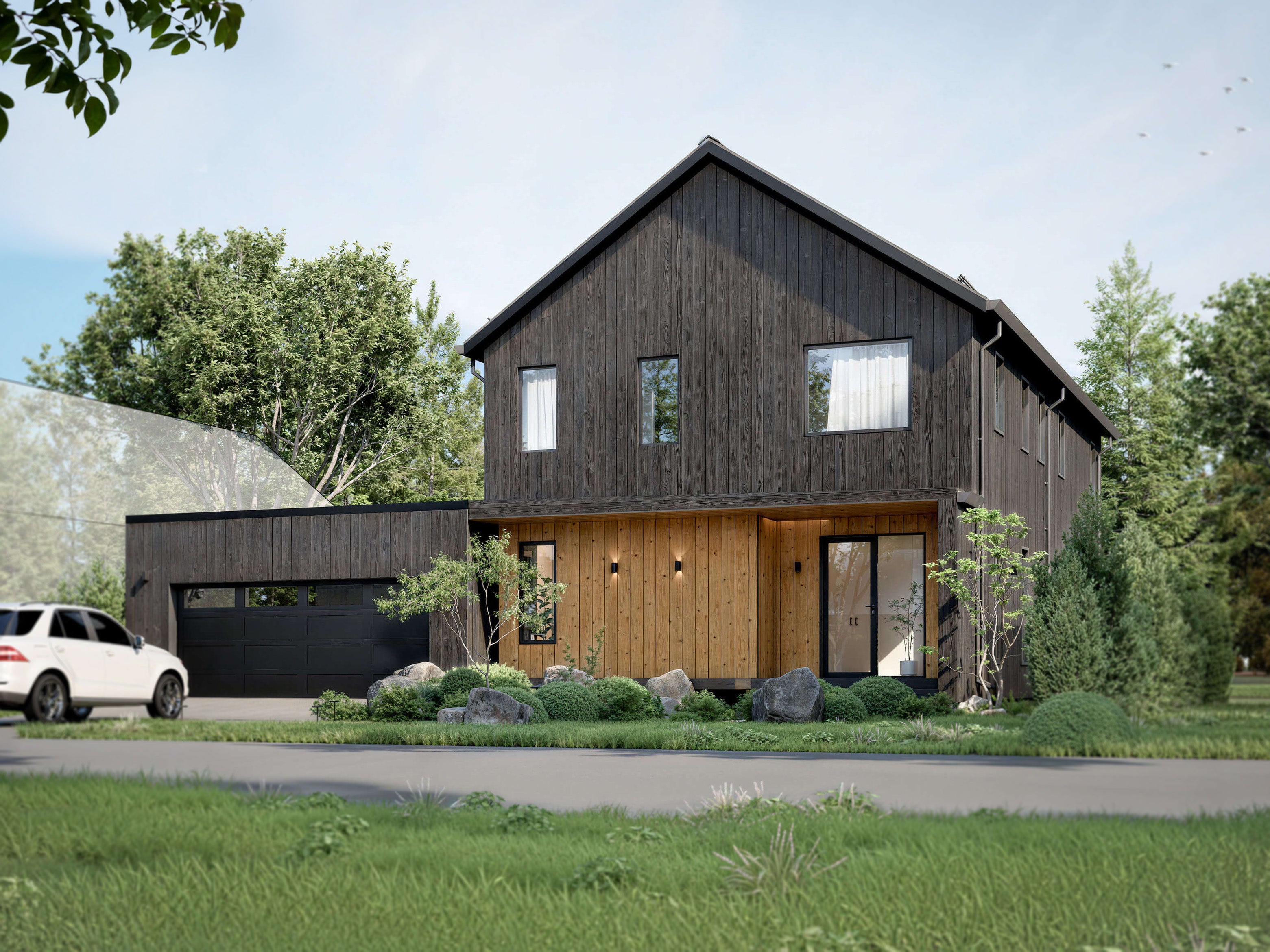 Modern barn house plan street-facing elevation with 2-car garage and natural wood covered entry on suburban lot