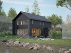 Modern barn house plan rear elevation — black barndominium with sliding glass doors, deck and lake view