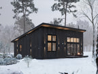 Forest modern cabin house plan — black shed-roof exterior with cedar soffit, vertical wood siding and a fire pit deck in winter woods