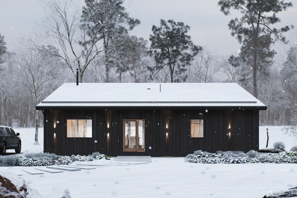 Modern black barn house front elevation with flat roof, vertical wood siding, wood entry door, and wall sconce lighting in winter snow – Design with Frank