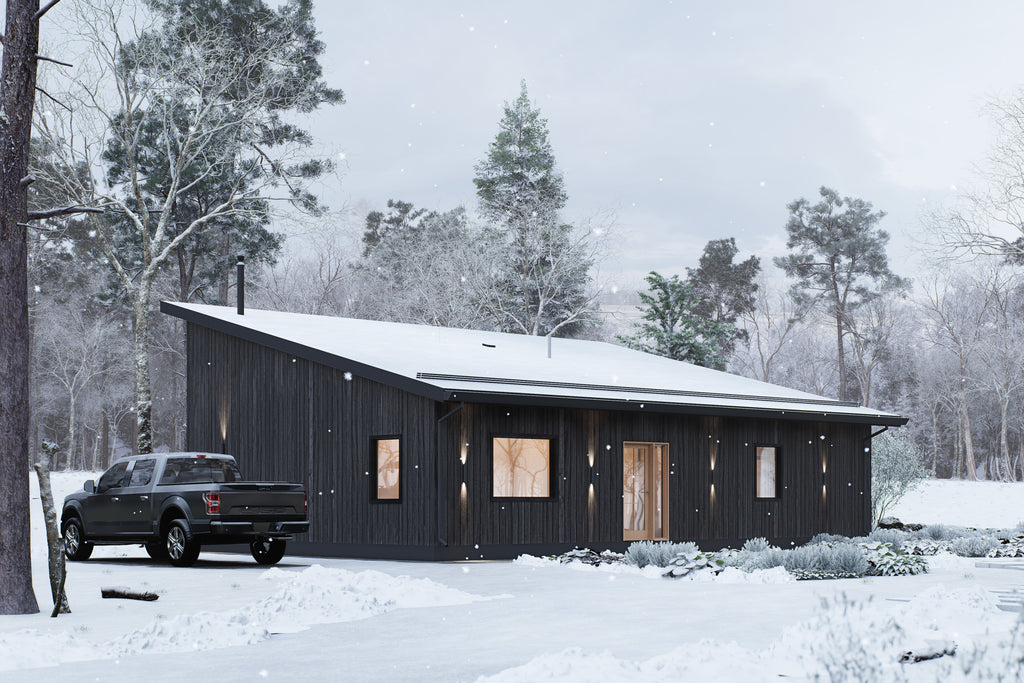 Modern black barn house rear exterior with mono-pitch roof, vertical wood siding, wood entry door, wall sconces, and snowy wooded setting – Design with Frank