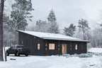 Forest modern cabin rear exterior — black shed-roof cabin with vertical wood siding in a snowy wooded setting