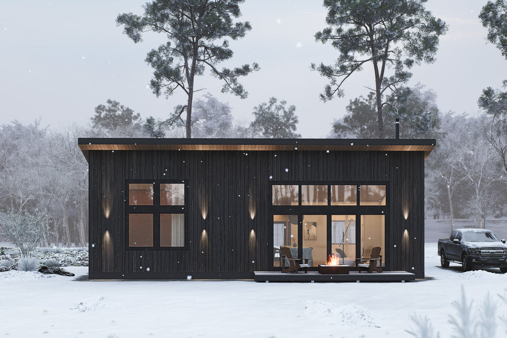 Modern black cabin front exterior with shed roof, vertical wood siding, large black-trim windows, outdoor deck and fire pit in winter snow – Design with Frank