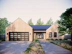 Modern farmhouse floor plan front elevation with 2-car garage, natural wood cladding, double-gable roofline and covered entry