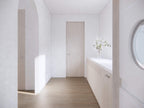 Southern modern farmhouse house plan mudroom with arched hallway openings and wood built-in cabinetry