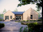 Modern farmhouse house plan rear view with natural wood vertical siding, black-frame sliding glass doors and stepped wood patio