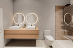 Modern cabin bathroom — double vessel sinks, floating wood vanity, round LED mirrors and a wood-tile walk-in shower