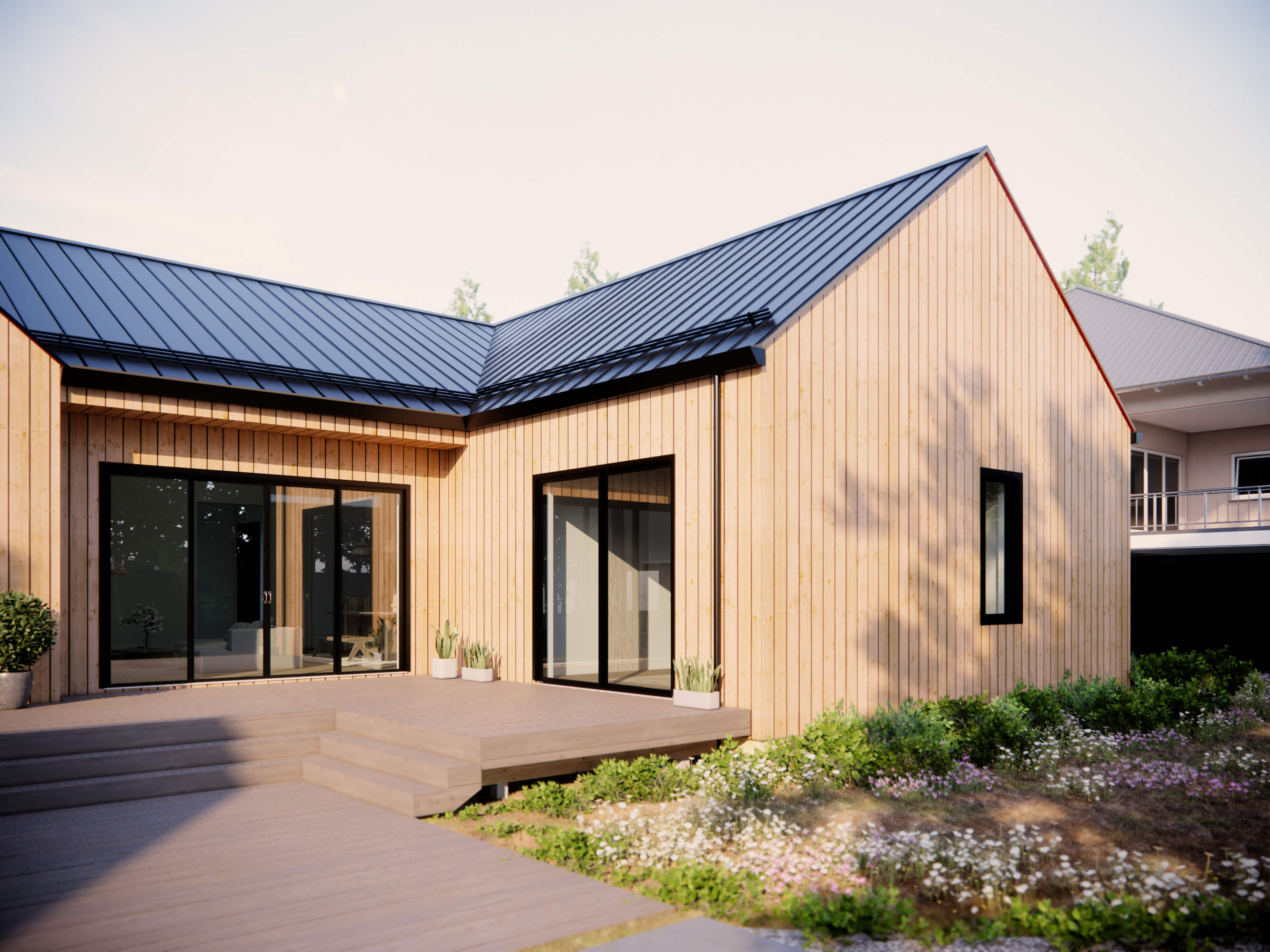 Modern farmhouse open concept living room looking through to dining area and kitchen with sliding glass doors to outdoor patio
