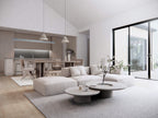 Modern farmhouse open concept living room looking through to dining area and kitchen with sliding glass doors to outdoor patio