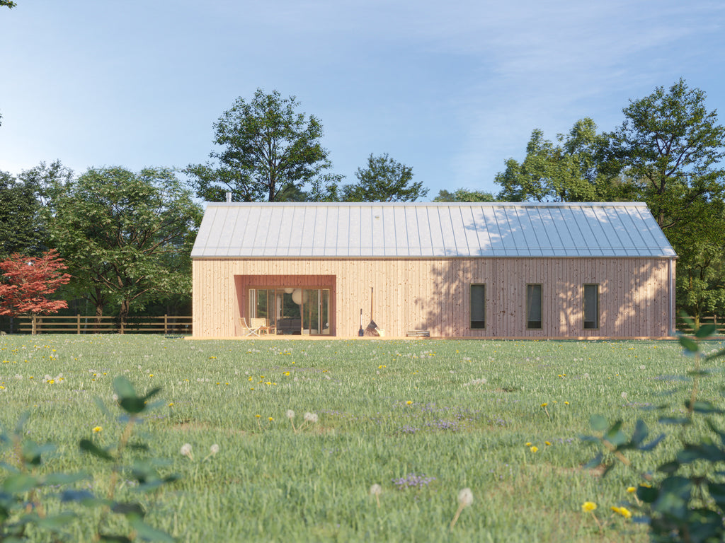 Modern farmhouse with light natural wood vertical cladding, blush pink recessed porch surround, and silver standing seam metal roof, front elevation with open terrace and outdoor seating overlooking a wildflower meadow